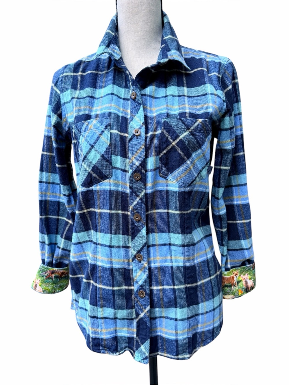 Pladra Women’s Every Day Flannel Shirt Bay Blue Plaid Animal Cuff Lining Size S